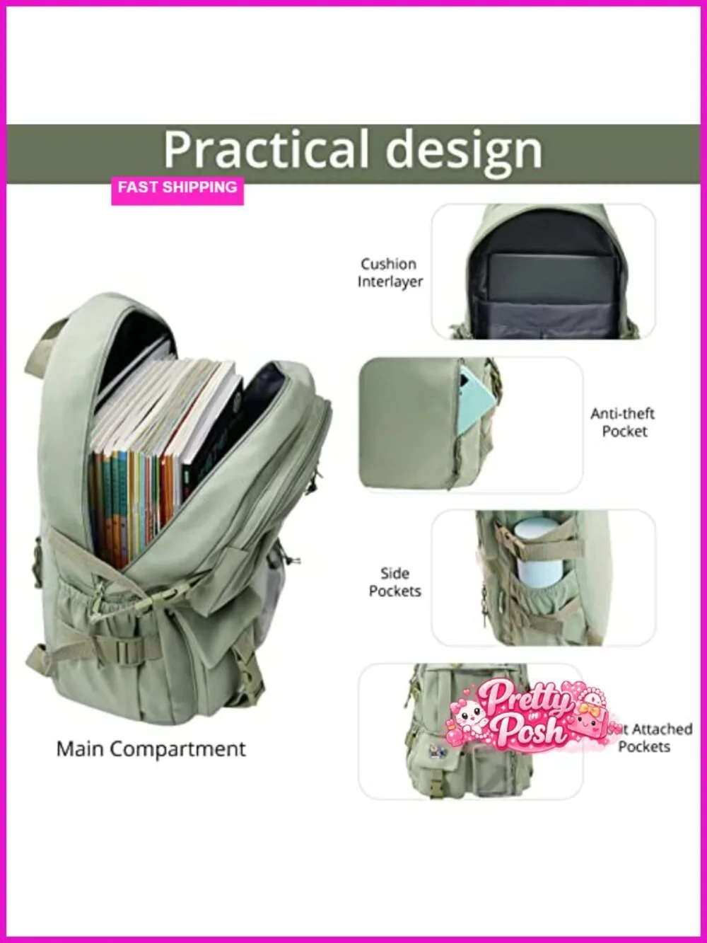 Kawaii Backpack for Teen Girls Aesthetic Student Bookbag with Pins